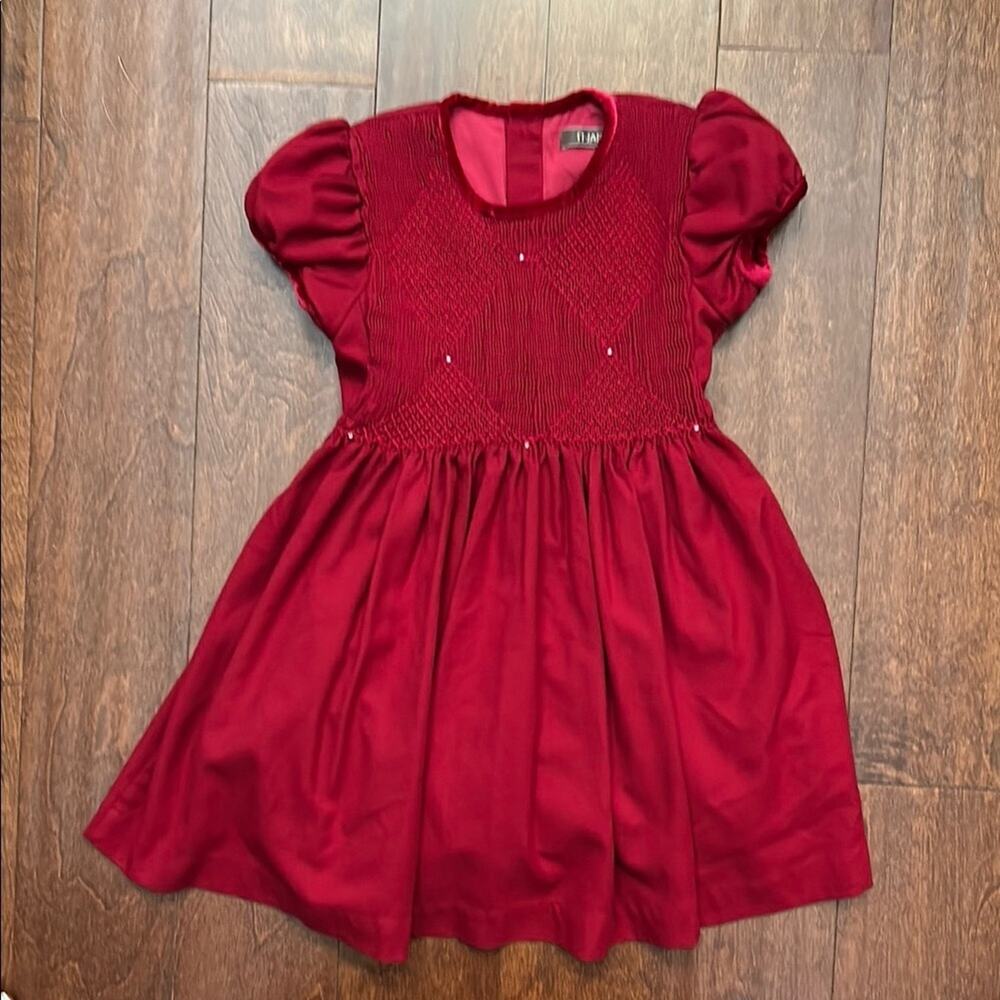 U Jar Burgundy Girl’s Occasion Dress with Gorgeous Smocking, Size 6 (120/60)
